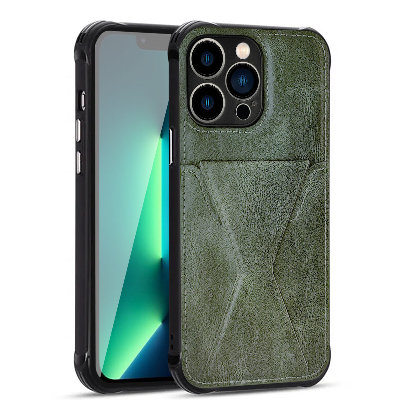 iPhone 13 PRO Compatible TPU Leather Phone Case for Apple iPhone 13 PRO with Card Holder Strap In Green - Shockproof Protection by