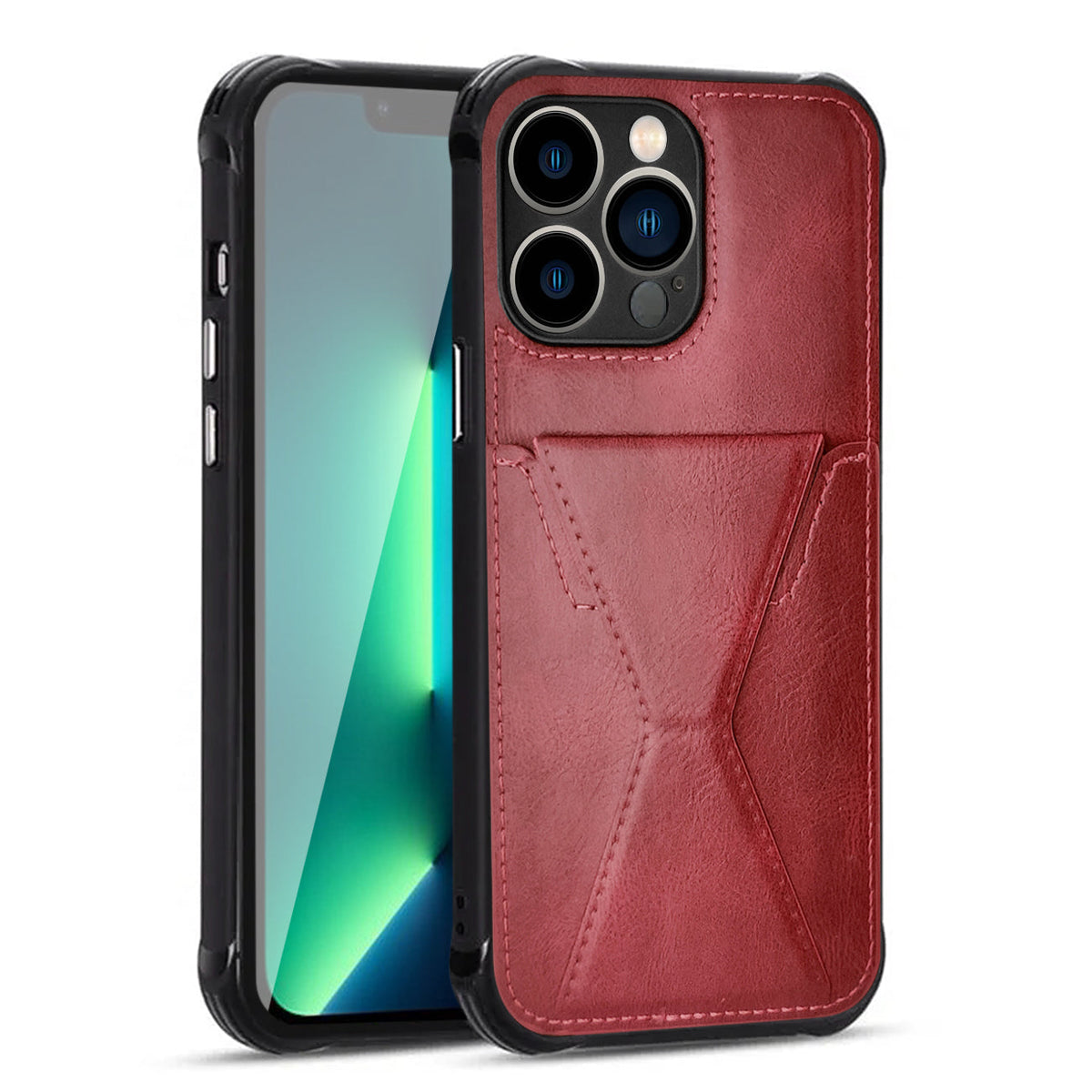 iPhone 13 PRO Compatible TPU Leather Phone Case for Apple iPhone 13 PRO with Card Holder Strap In Red - Crystal Clear Protection by