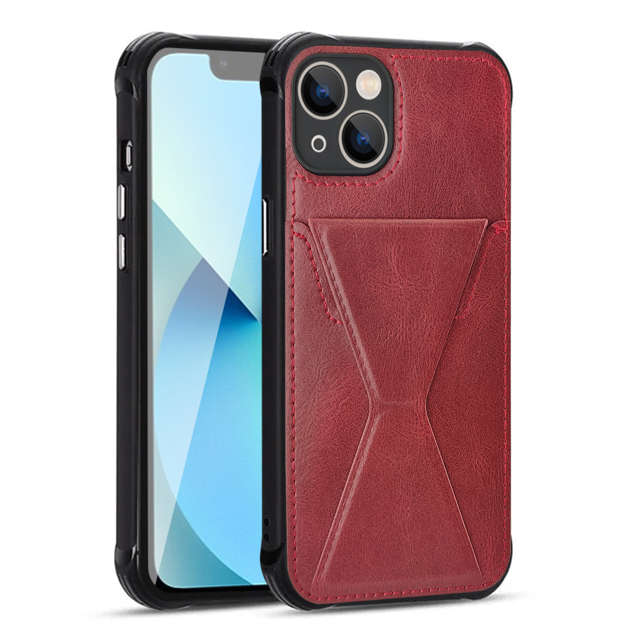 iPhone 13 Compatible TPU Leather Phone Case for Apple iPhone 13 with Card Holder Strap In Red - Shockproof Protection by