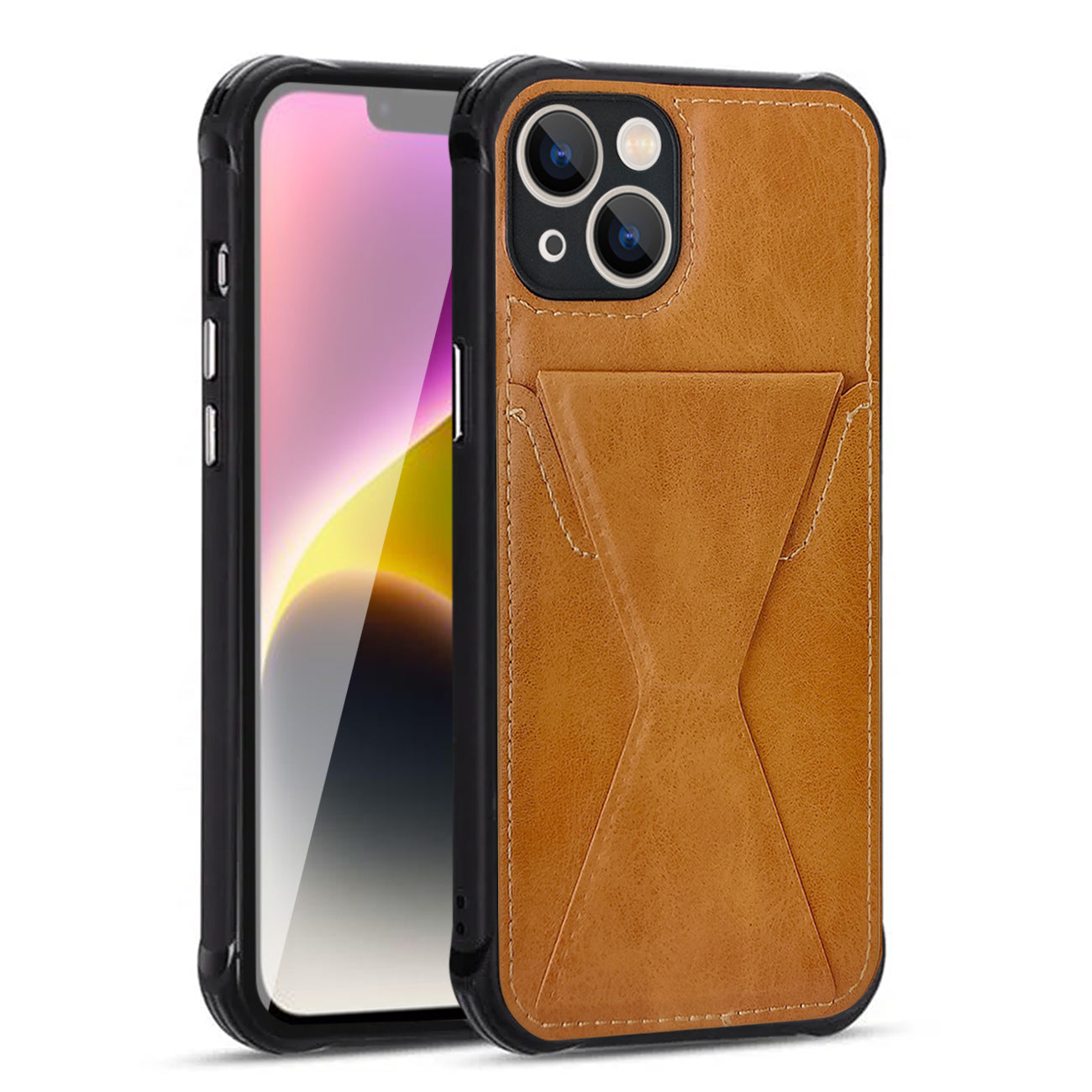 iPhone 14 Compatible TPU Leather Phone Case for Apple iPhone 14 with Card Holder Strap In Brown - Ultra-Slim Protection by