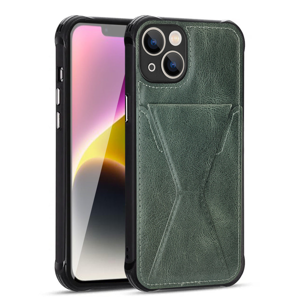 iPhone 14 Compatible TPU Leather Phone Case for Apple iPhone 14 with Card Holder Strap In Green - Shockproof Protection by