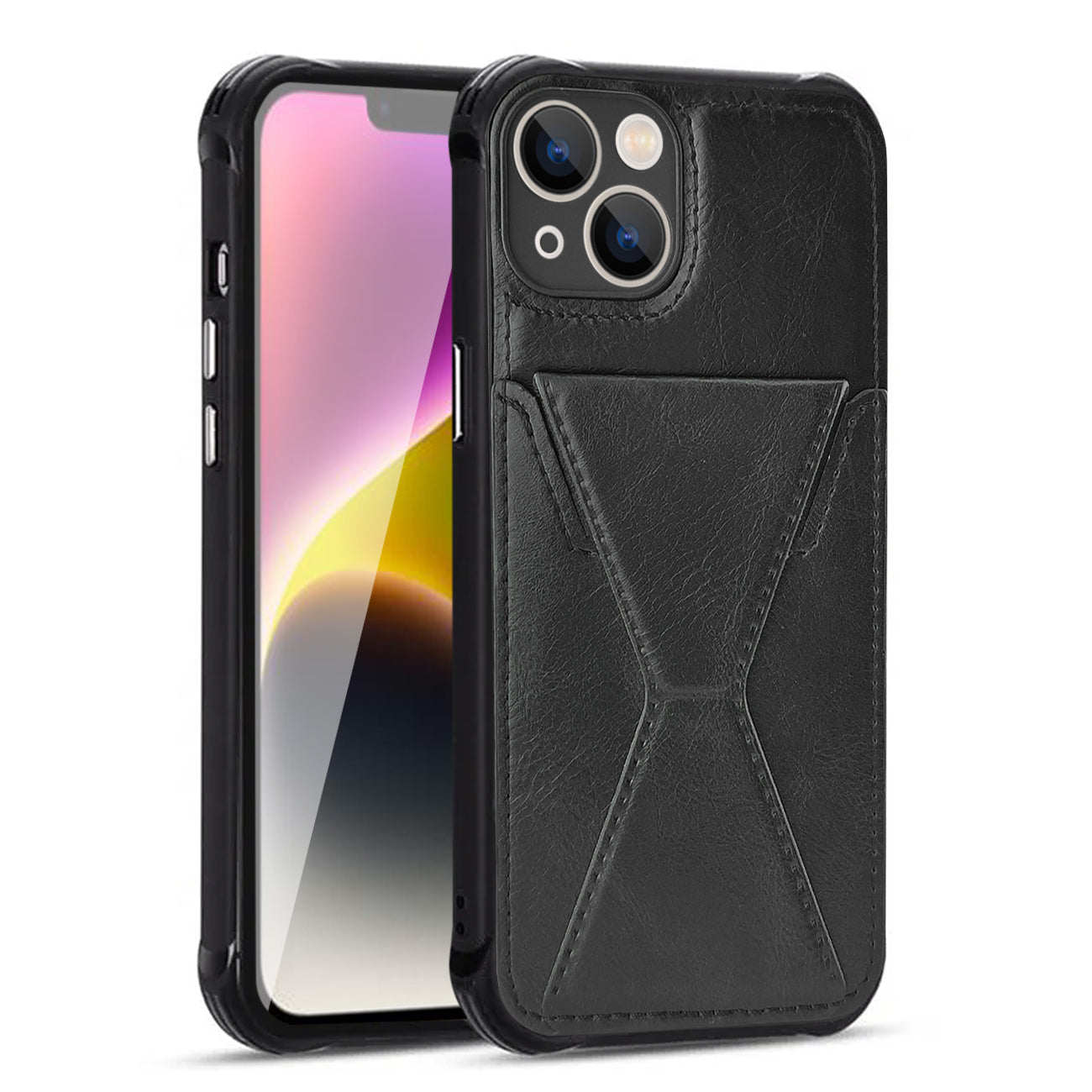 iPhone 14 Plus Compatible TPU Leather Phone Case for Apple iPhone 14 Plus with Card Holder Strap In Black - Shockproof Protection by