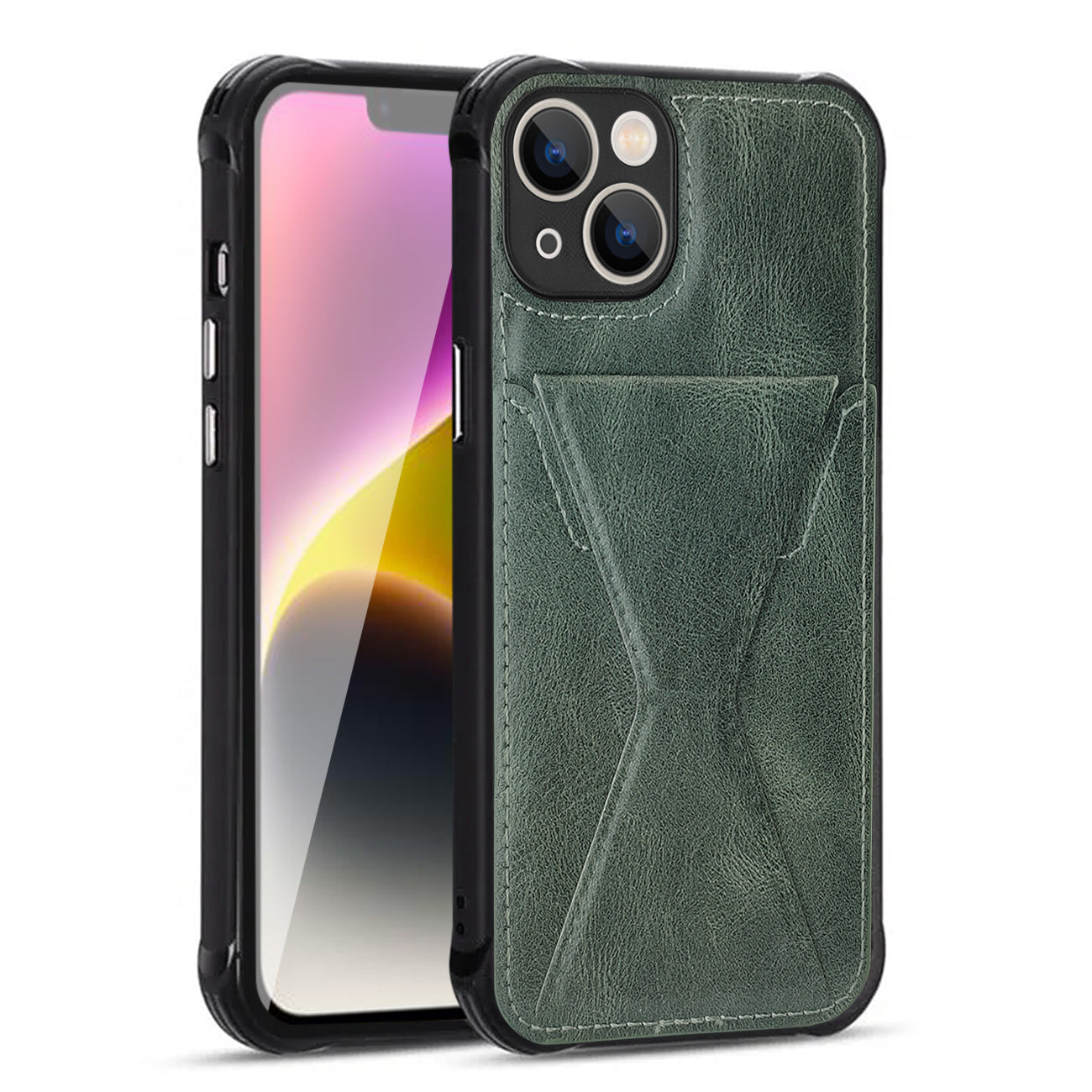 iPhone 14 Plus Compatible TPU Leather Phone Case for Apple iPhone 14 Plus with Card Holder Strap In Green - Premium Protection by
