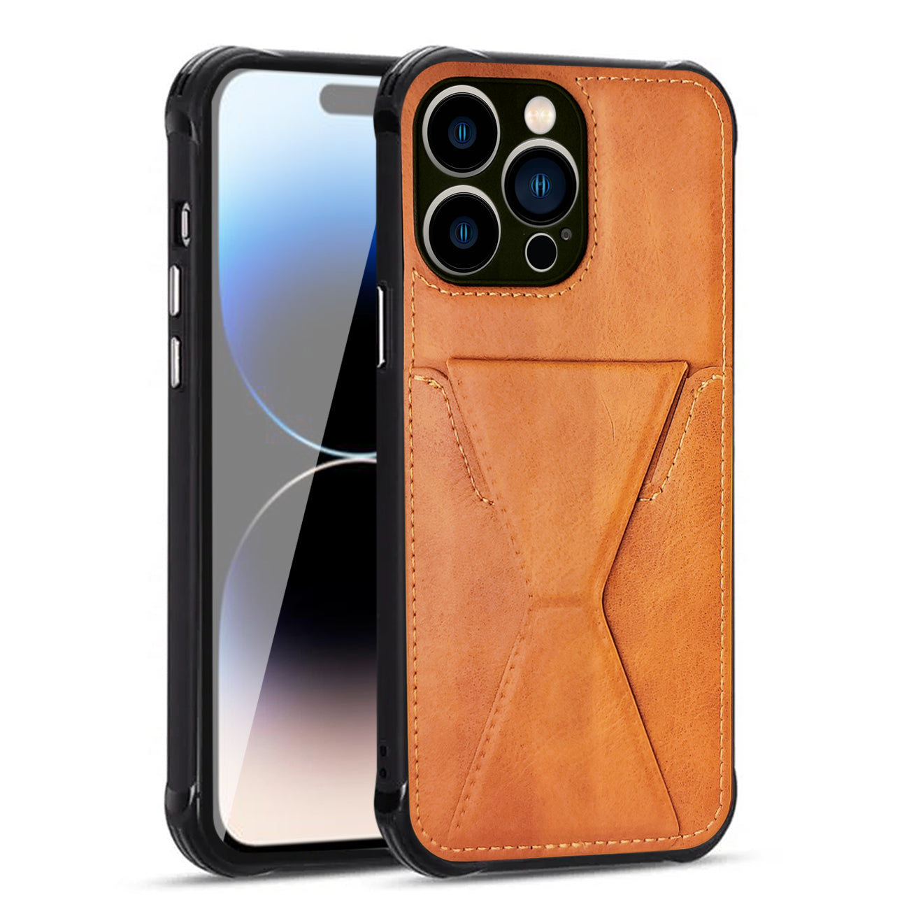 iPhone 14 PRO Compatible TPU Leather Phone Case for Apple iPhone 14 PRO with Card Holder Strap In Brown - Heavy Duty Protection by
