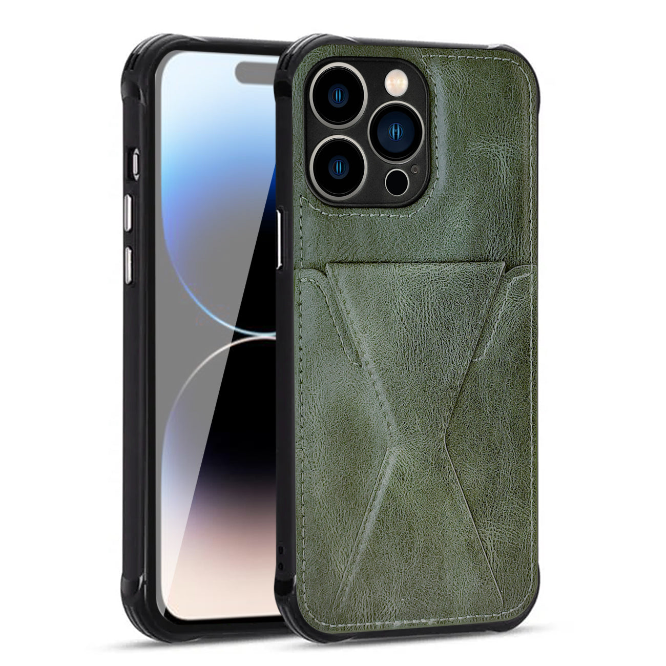 iPhone 14 PRO Compatible TPU Leather Phone Case for Apple iPhone 14 PRO with Card Holder Strap In Green - Heavy Duty Protection by