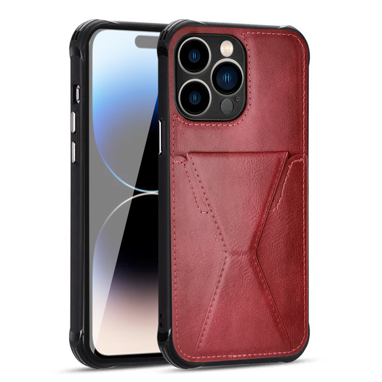 iPhone 14 PRO Compatible TPU Leather Phone Case for Apple iPhone 14 PRO with Card Holder Strap In Red - Heavy Duty Protection by