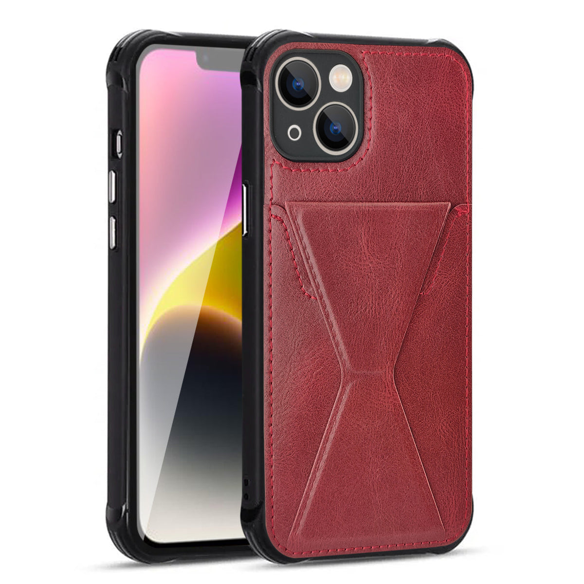 iPhone 14 Compatible TPU Leather Phone Case for Apple iPhone 14 with Card Holder Strap In Red - Ultra-Slim Protection by