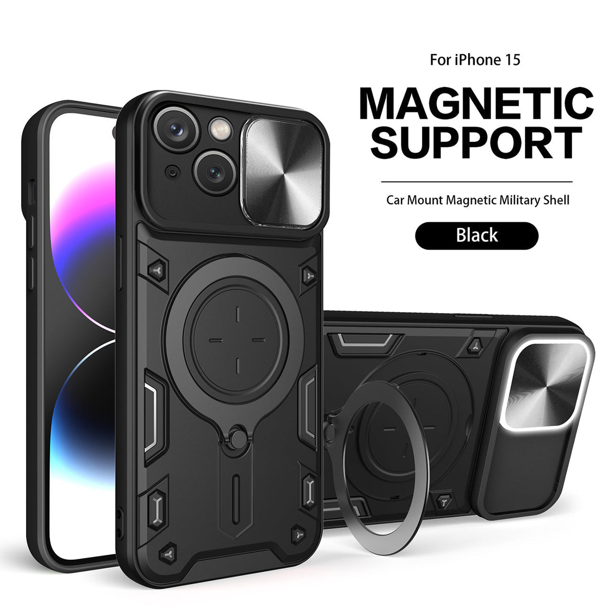IPHONE 15 Compatible TPU PC Shockproof Magnetic Phone Case with Free Adjustment Ring Holder for IPHONE 15 in Black - Premium Protection by