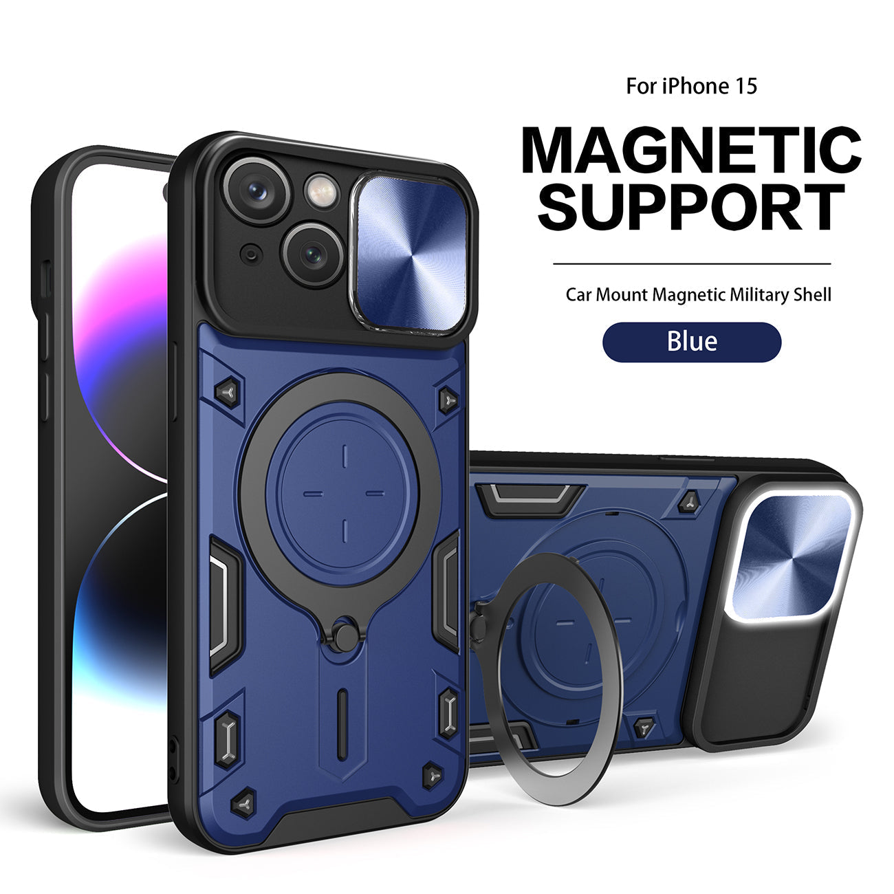 IPHONE 15 Compatible TPU PC Shockproof Magnetic Phone Case with Free Adjustment Ring Holder for IPHONE 15 in Blue - Durable Protection by