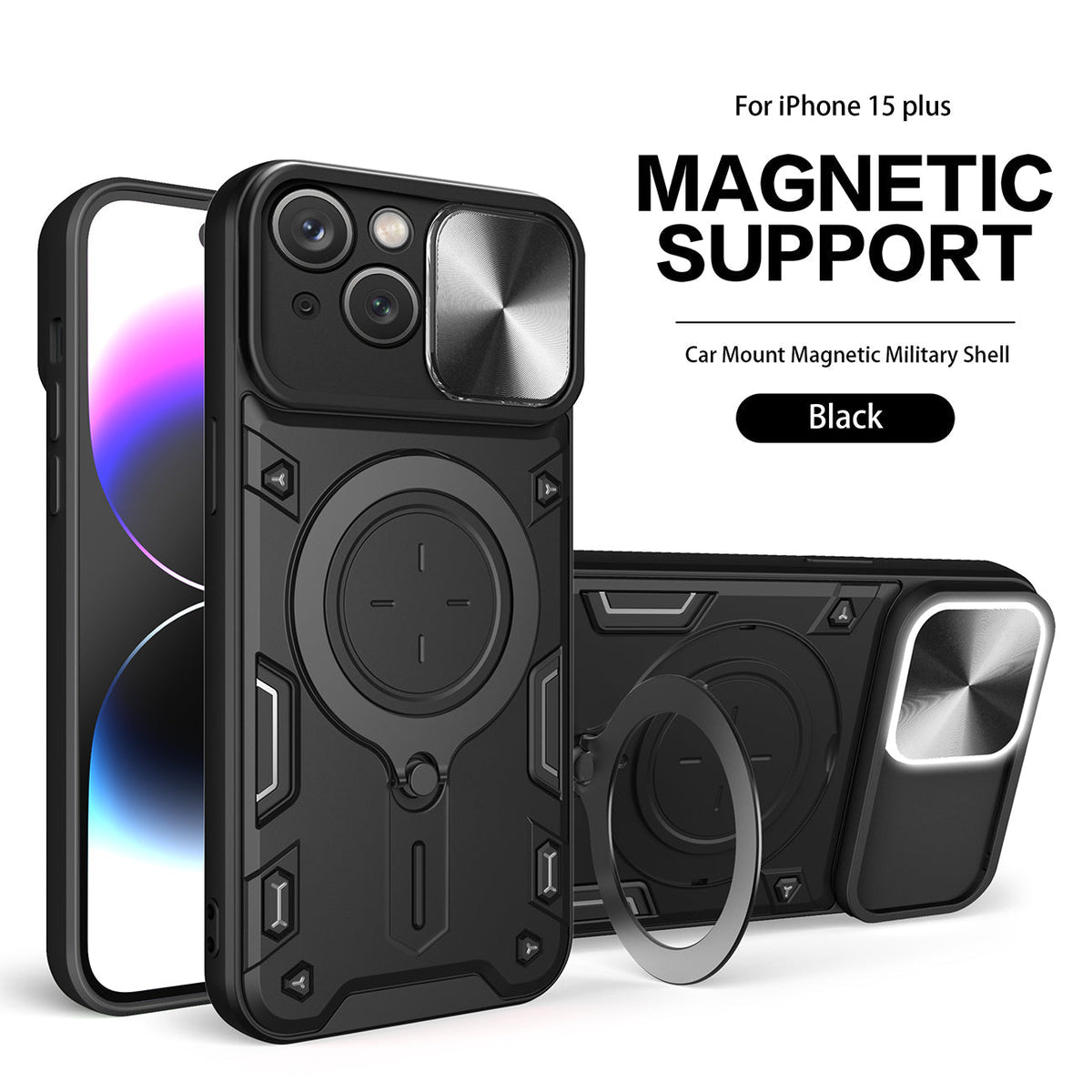 IPHONE 15 Plus Compatible TPU PC Shockproof Magnetic Phone Case with Free Adjustment Ring Holder for IPHONE 15 Plus in Black - Durable Protection by