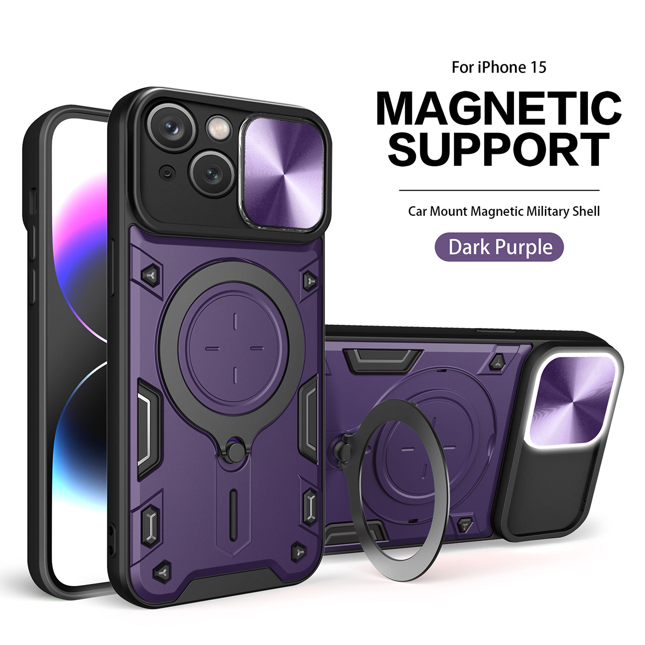 IPHONE 15 Compatible TPU PC Shockproof Magnetic Phone Case with Free Adjustment Ring Holder for IPHONE 15 in Purple - Durable Protection by