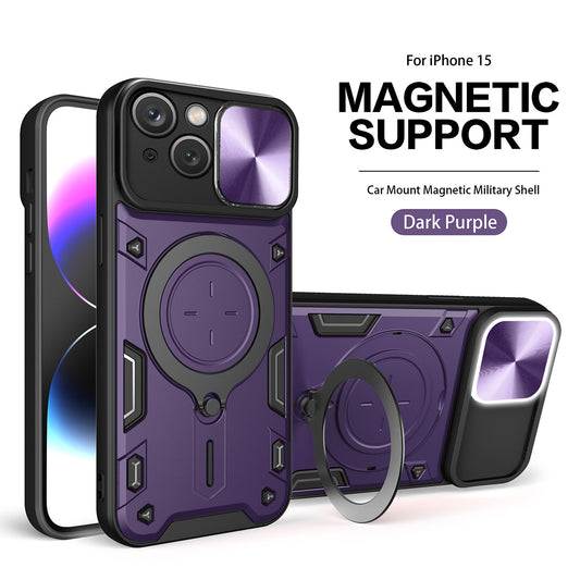IPHONE 15 Compatible TPU PC Shockproof Magnetic Phone Case with Free Adjustment Ring Holder for IPHONE 15 in Purple - Durable Protection by
