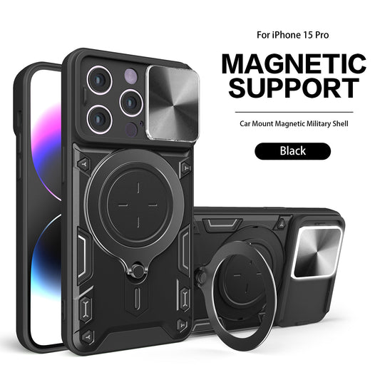 IPHONE 15 PRO Compatible TPU PC Shockproof Magnetic Phone Case with Free Adjustment Ring Holder for IPHONE 15 PRO in Black - Crystal Clear Protection by