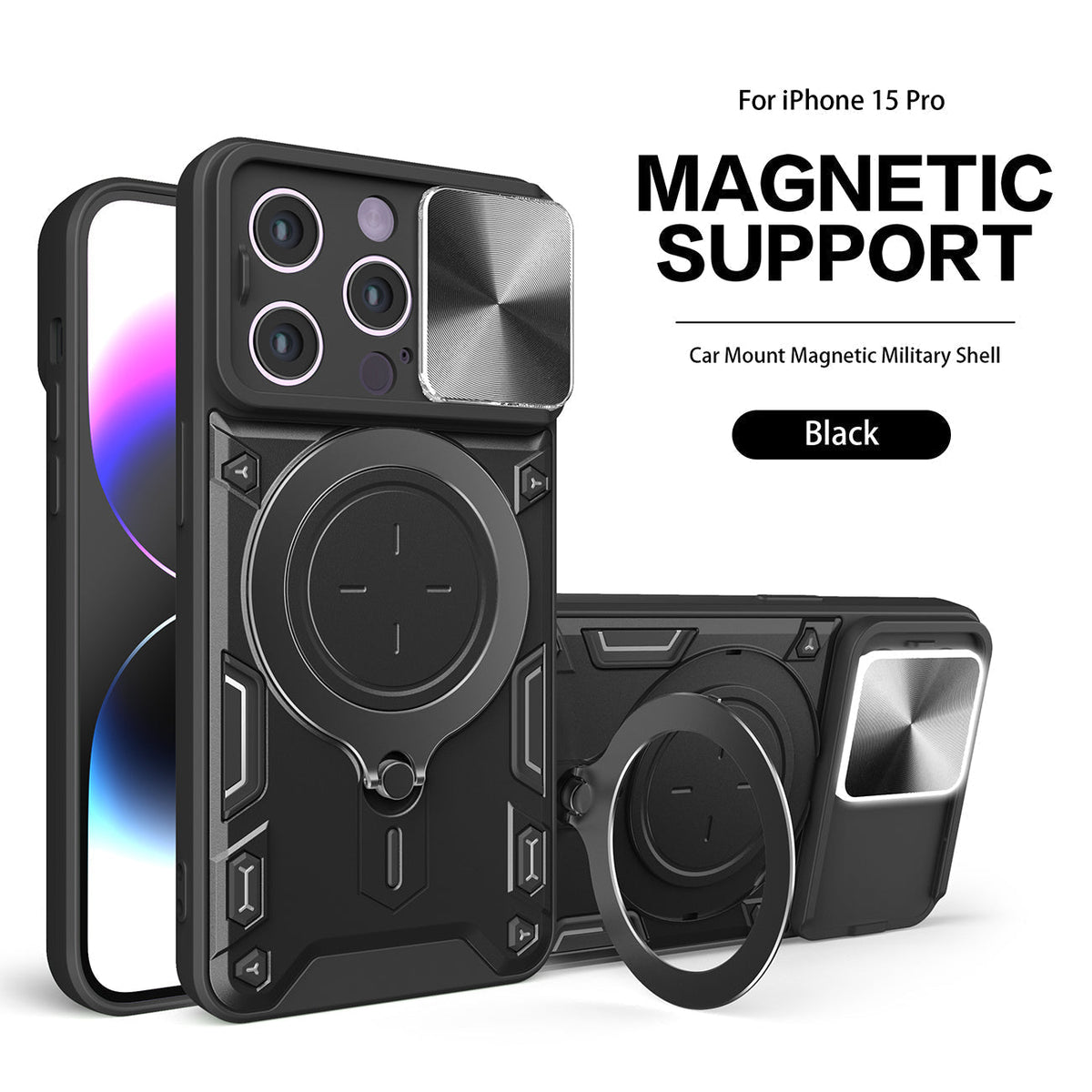 IPHONE 15 PRO Compatible TPU PC Shockproof Magnetic Phone Case with Free Adjustment Ring Holder for IPHONE 15 PRO in Black - Crystal Clear Protection by