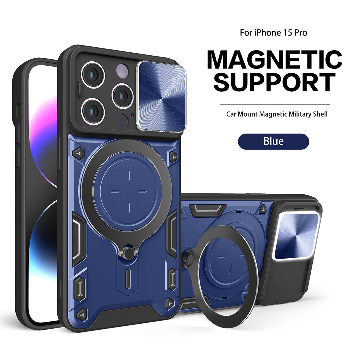 IPHONE 15 PRO Compatible TPU PC Shockproof Magnetic Phone Case with Free Adjustment Ring Holder for IPHONE 15 PRO in Blue - Ultra-Slim Protection by