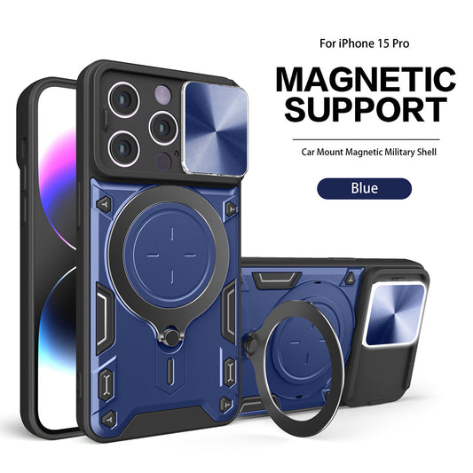 IPHONE 15 PRO Compatible TPU PC Shockproof Magnetic Phone Case with Free Adjustment Ring Holder for IPHONE 15 PRO in Blue - Ultra-Slim Protection by