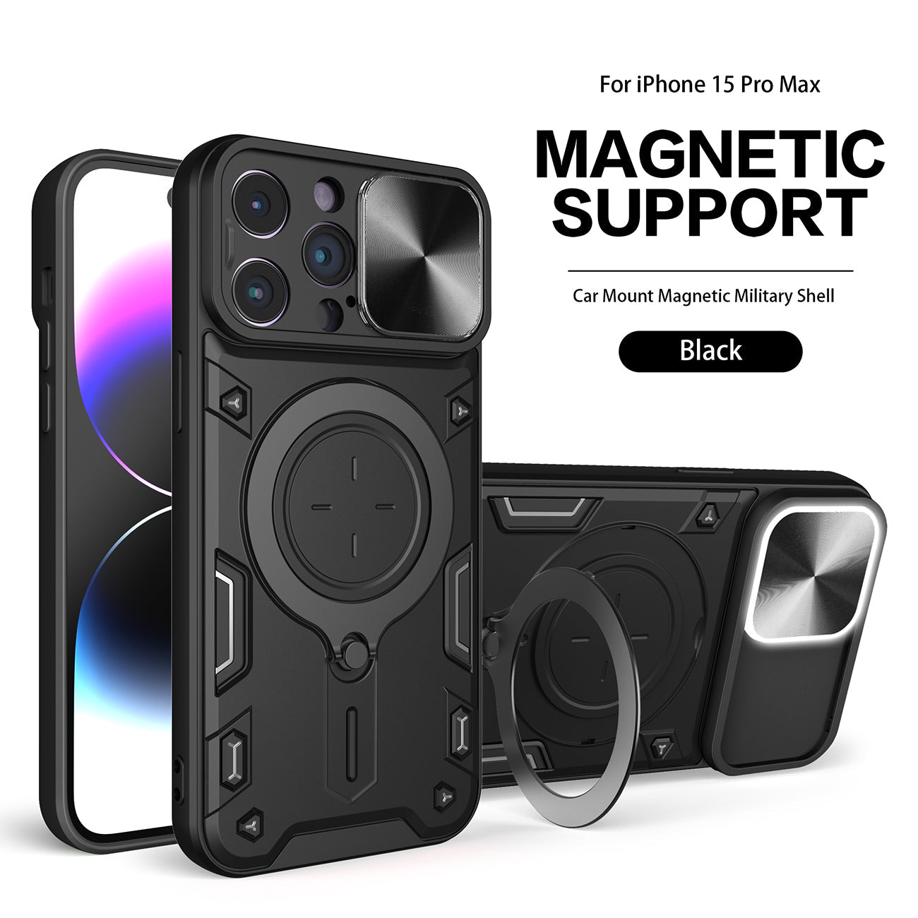 IPHONE 15 PRO Compatible TPU PC Shockproof Magnetic Phone Case with Ring Holder for IPHONE 15 PRO MAX in Black - Ultra-Slim Protection by