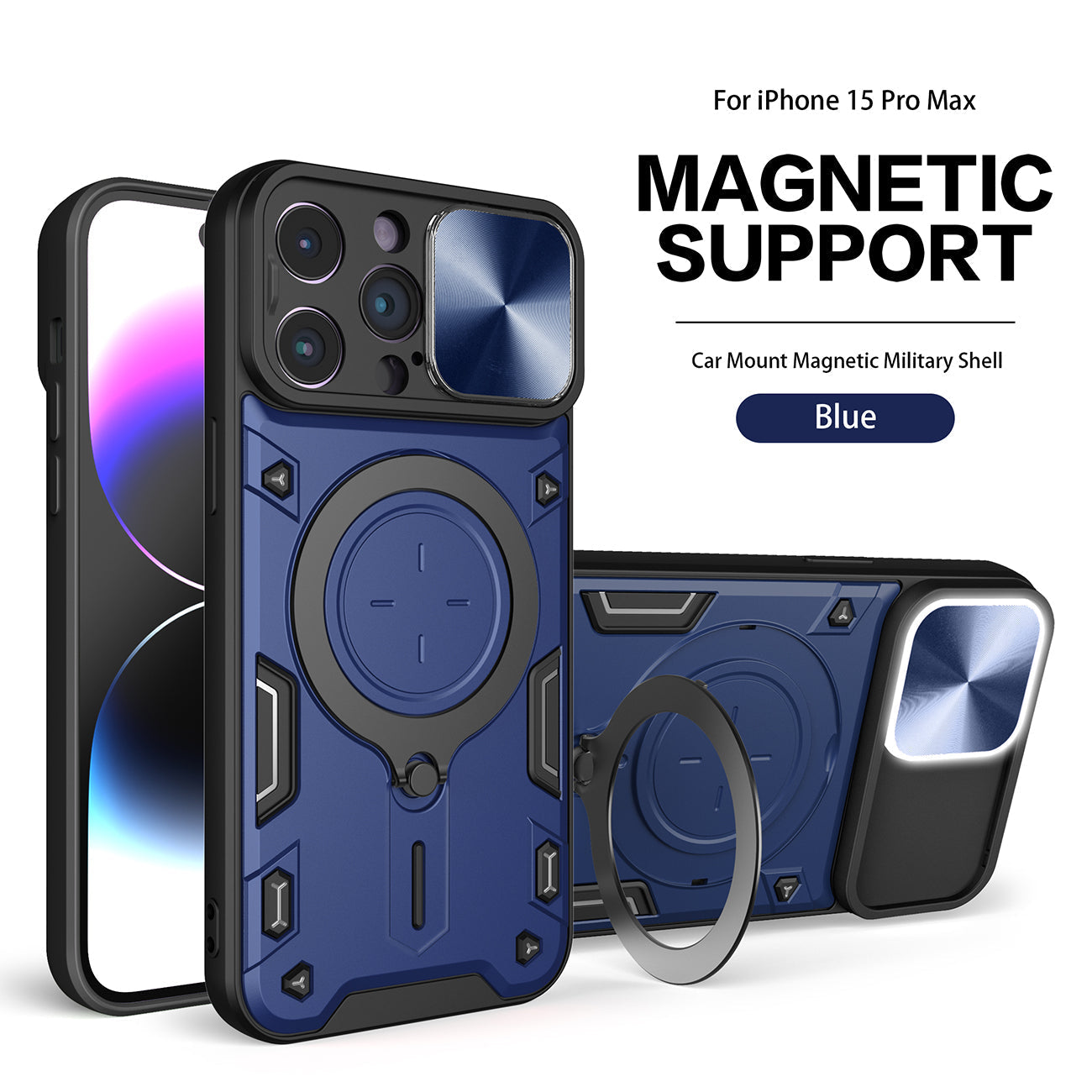 IPHONE 15 PRO Compatible TPU PC Shockproof Magnetic Phone Case with Free Adjustment Ring Holder for IPHONE 15 PRO MAX in Blue - Crystal Clear Protection by