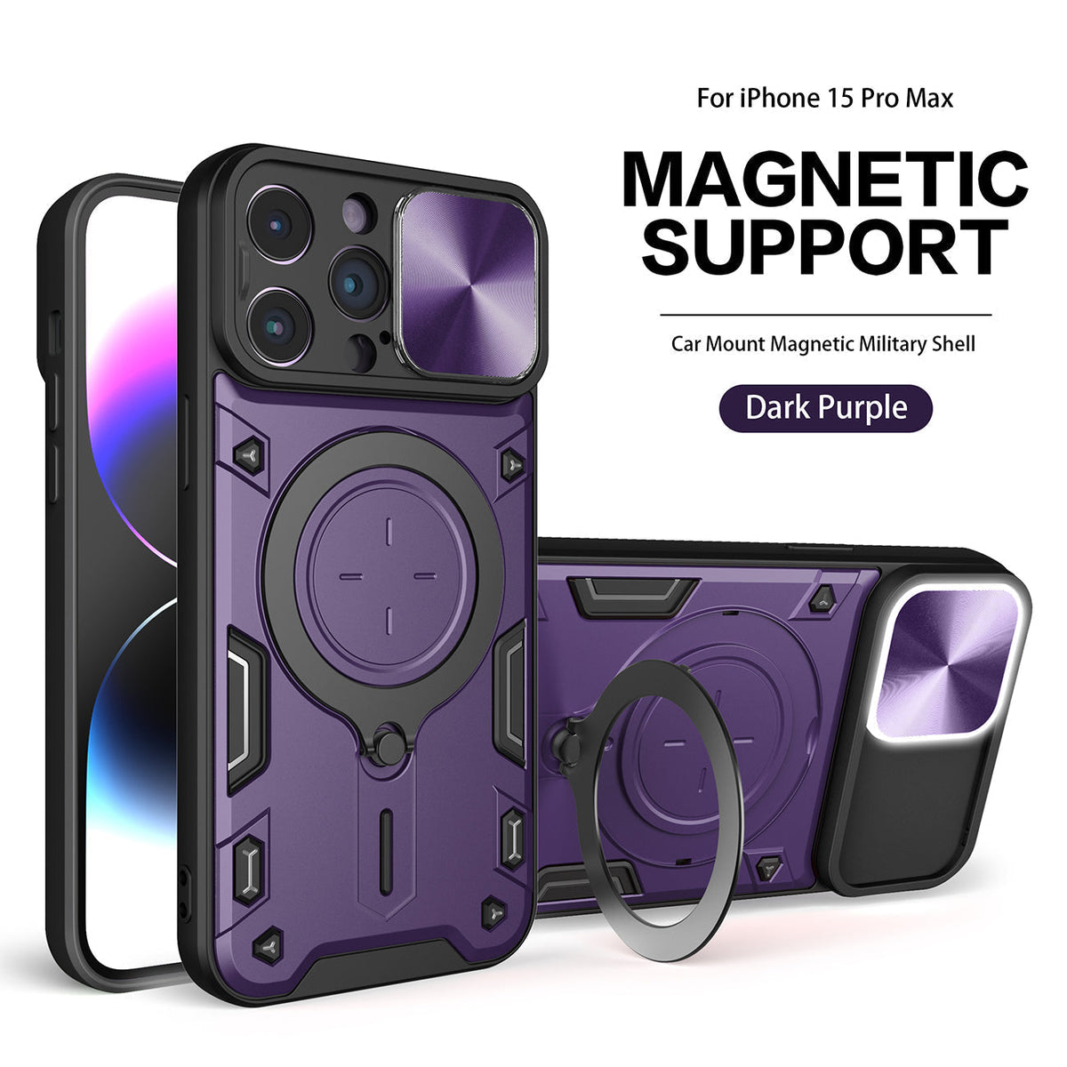IPHONE 15 PRO Compatible TPU PC Shockproof Magnetic Phone Case with Ring Holder for IPHONE 15 PRO MAX in Purple - Premium Protection by