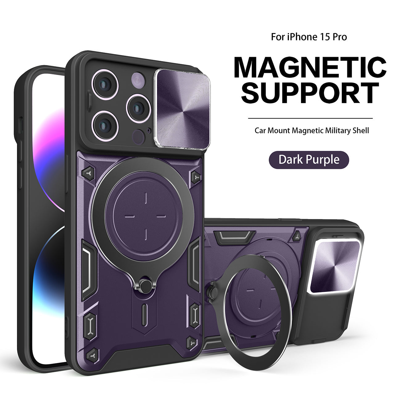 IPHONE 15 PRO Compatible TPU PC Shockproof Magnetic Phone Case with Free Adjustment Ring Holder for IPHONE 15 PRO in Purple - Premium Protection by