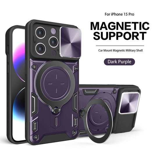 IPHONE 15 PRO Compatible TPU PC Shockproof Magnetic Phone Case with Free Adjustment Ring Holder for IPHONE 15 PRO in Purple - Premium Protection by