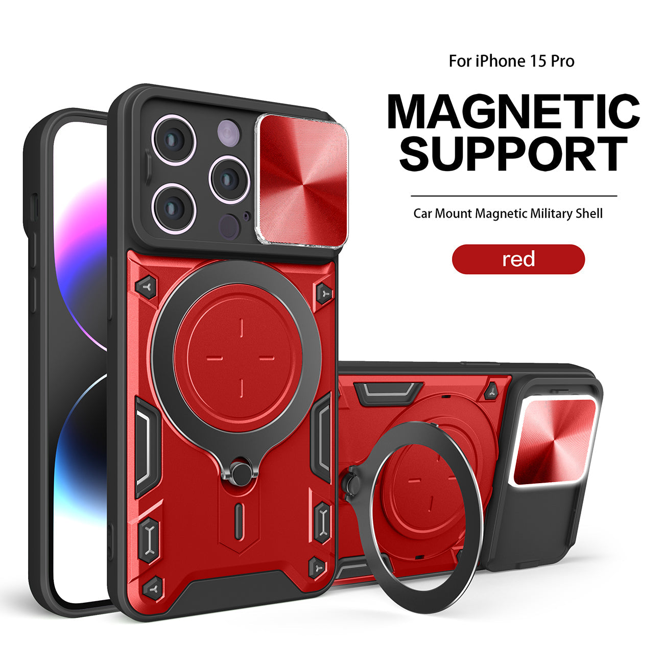 IPHONE 15 PRO Compatible TPU PC Shockproof Magnetic Phone Case with Free Adjustment Ring Holder for IPHONE 15 PRO in Red - Durable Protection by