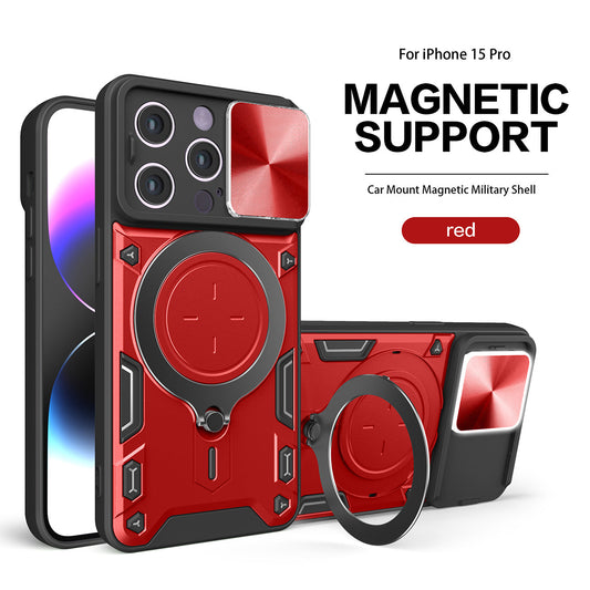 IPHONE 15 PRO Compatible TPU PC Shockproof Magnetic Phone Case with Free Adjustment Ring Holder for IPHONE 15 PRO in Red - Durable Protection by
