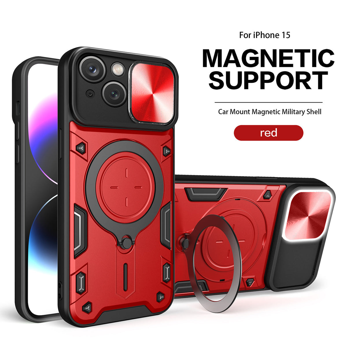 IPHONE 15 Compatible TPU PC Shockproof Magnetic Phone Case with Free Adjustment Ring Holder for IPHONE 15 in Red - Heavy Duty Protection by