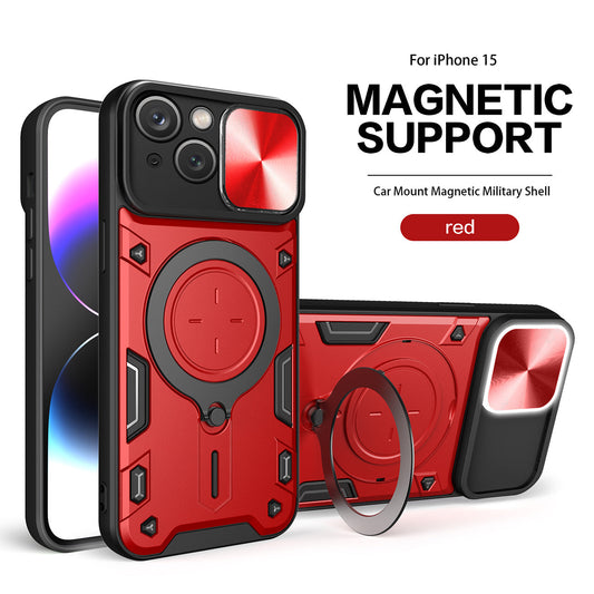 IPHONE 15 Compatible TPU PC Shockproof Magnetic Phone Case with Free Adjustment Ring Holder for IPHONE 15 in Red - Heavy Duty Protection by
