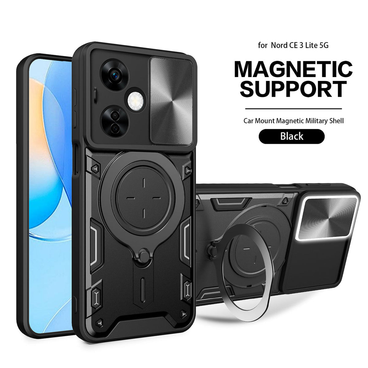 TPU PC Shockproof Magnetic Phone Case with Free Adjustment Ring Holder For ONEPLUS NORD N30 5G in Black - Ultra-Slim & Reliable