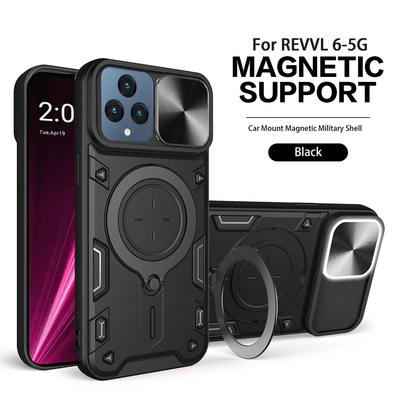 TPU PC Shockproof Magnetic Phone Case with Free Adjustment Ring Holder for REVVL 6 5G in Black - Durable & Reliable