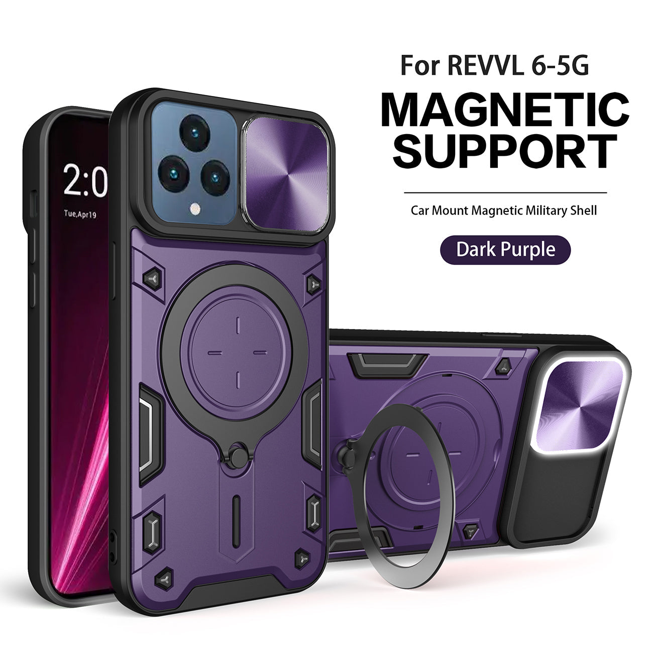 TPU PC Shockproof Magnetic Phone Case with Free Adjustment Ring Holder for REVVL 6 5G in Purple - Durable & Reliable