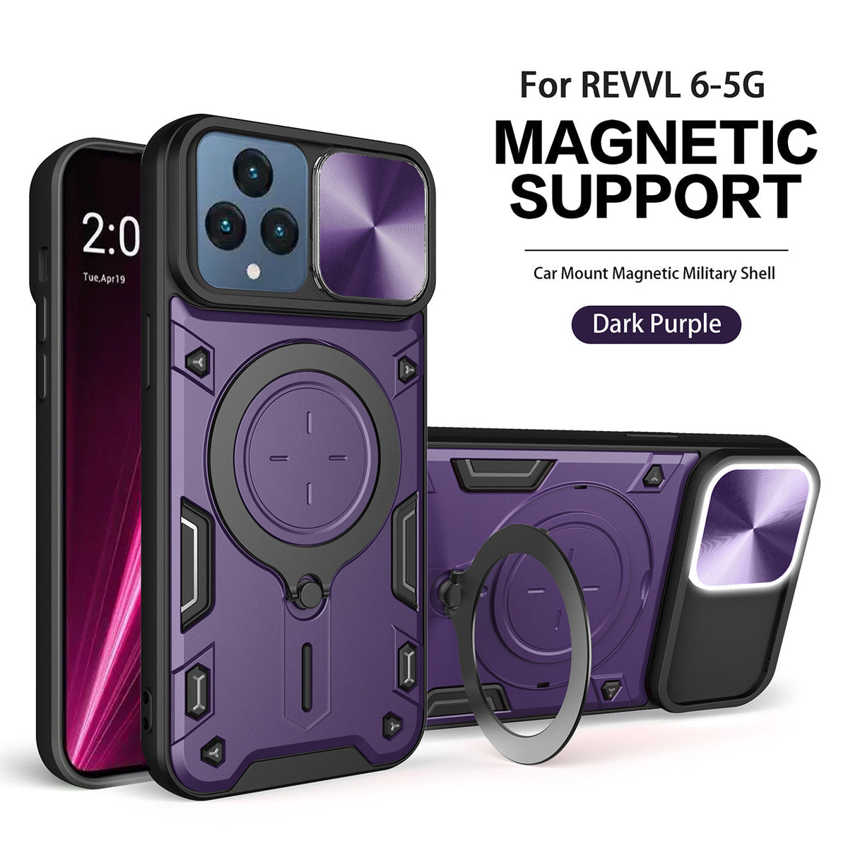 TPU PC Shockproof Magnetic Phone Case with Free Adjustment Ring Holder for REVVL 6 5G in Purple - Durable & Reliable