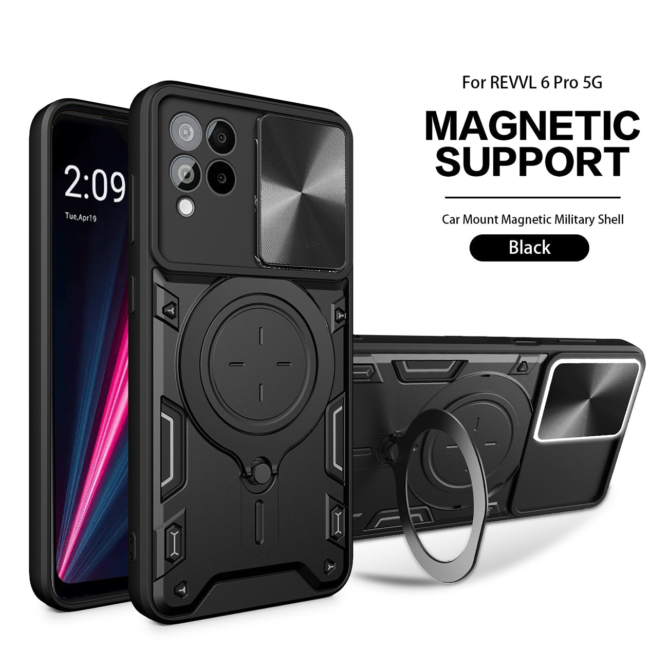 TPU PC Shockproof Magnetic Phone Case with Free Adjustment Ring Holder for REVVL 6 PRO 5G in Black - Ultra-Slim & Reliable