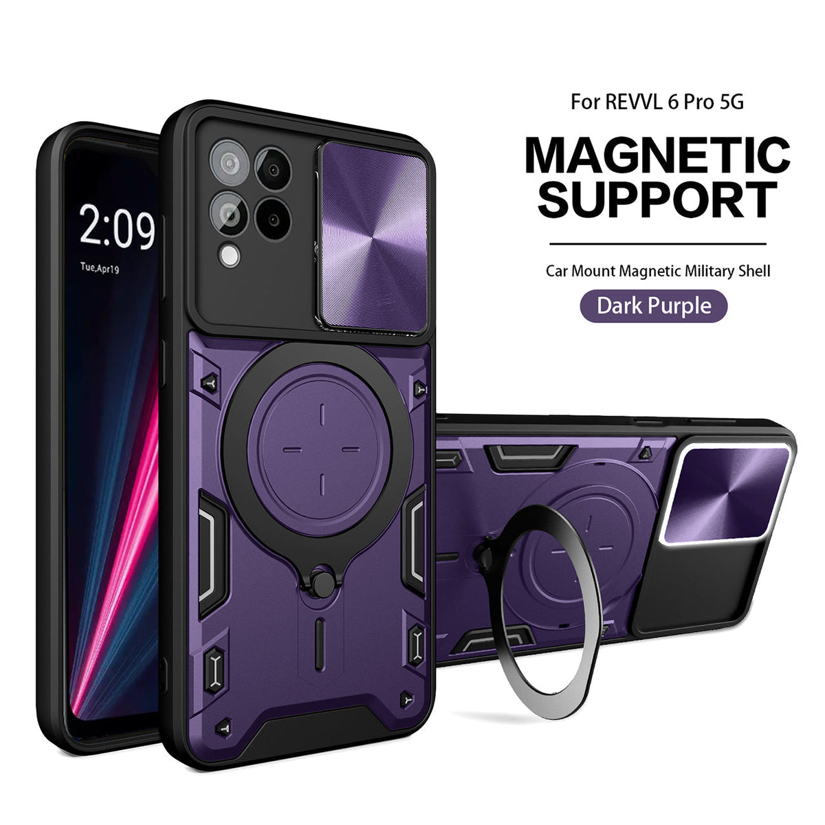 TPU PC Shockproof Magnetic Phone Case with Free Adjustment Ring Holder for REVVL 6 PRO 5G in Purple - Ultra-Slim & Reliable