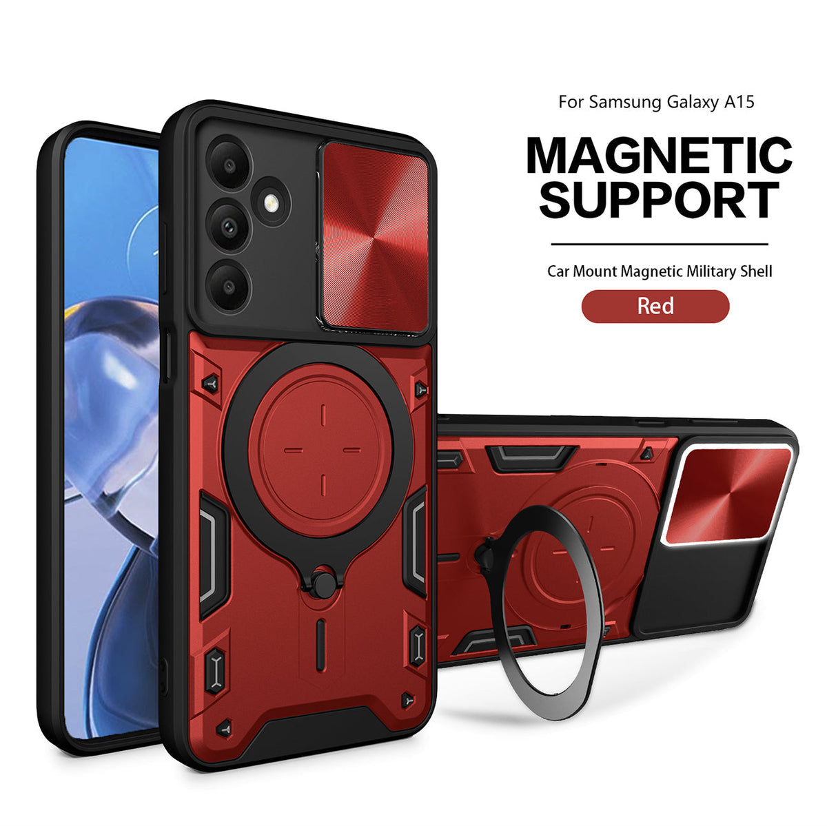 TPU PC Shockproof Magnetic Phone Case with Free Adjustment Ring Holder For Samsung Galaxy A15 in Red - Durable & Reliable