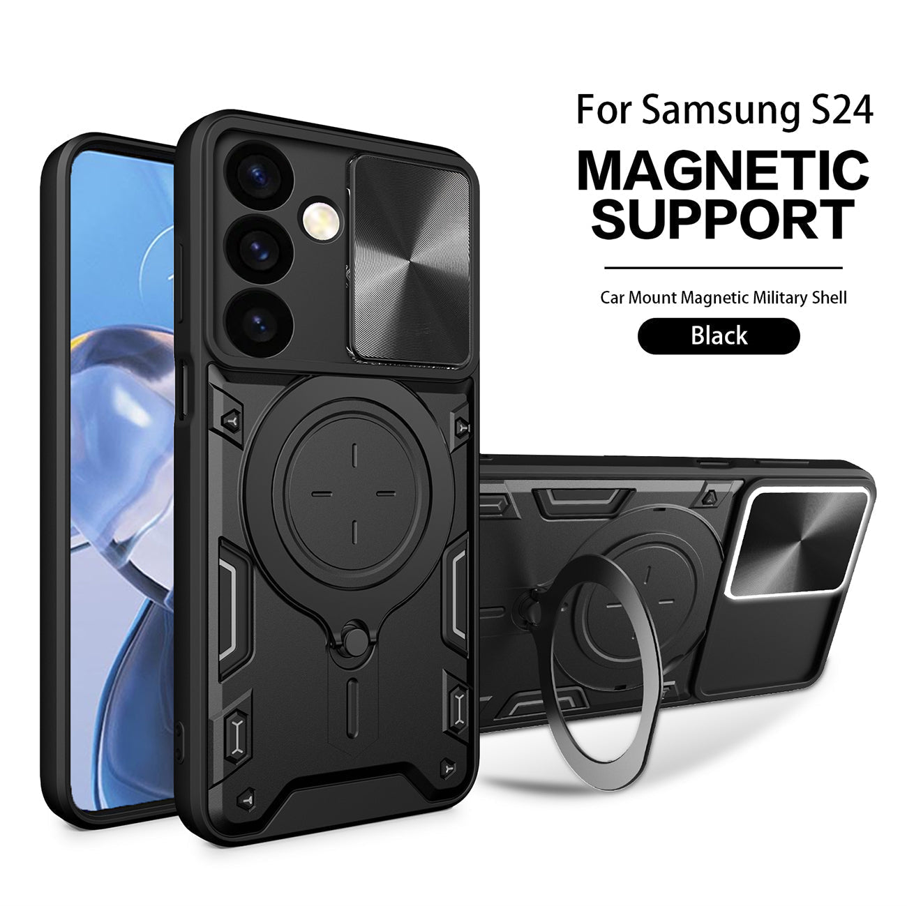 TPU PC Shockproof Magnetic Phone Case with Free Adjustment Ring Holder For Samsung Galaxy S24 in Black - Crystal Clear & Reliable