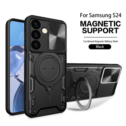 TPU PC Shockproof Magnetic Phone Case with Free Adjustment Ring Holder For Samsung Galaxy S24 in Black - Crystal Clear & Reliable