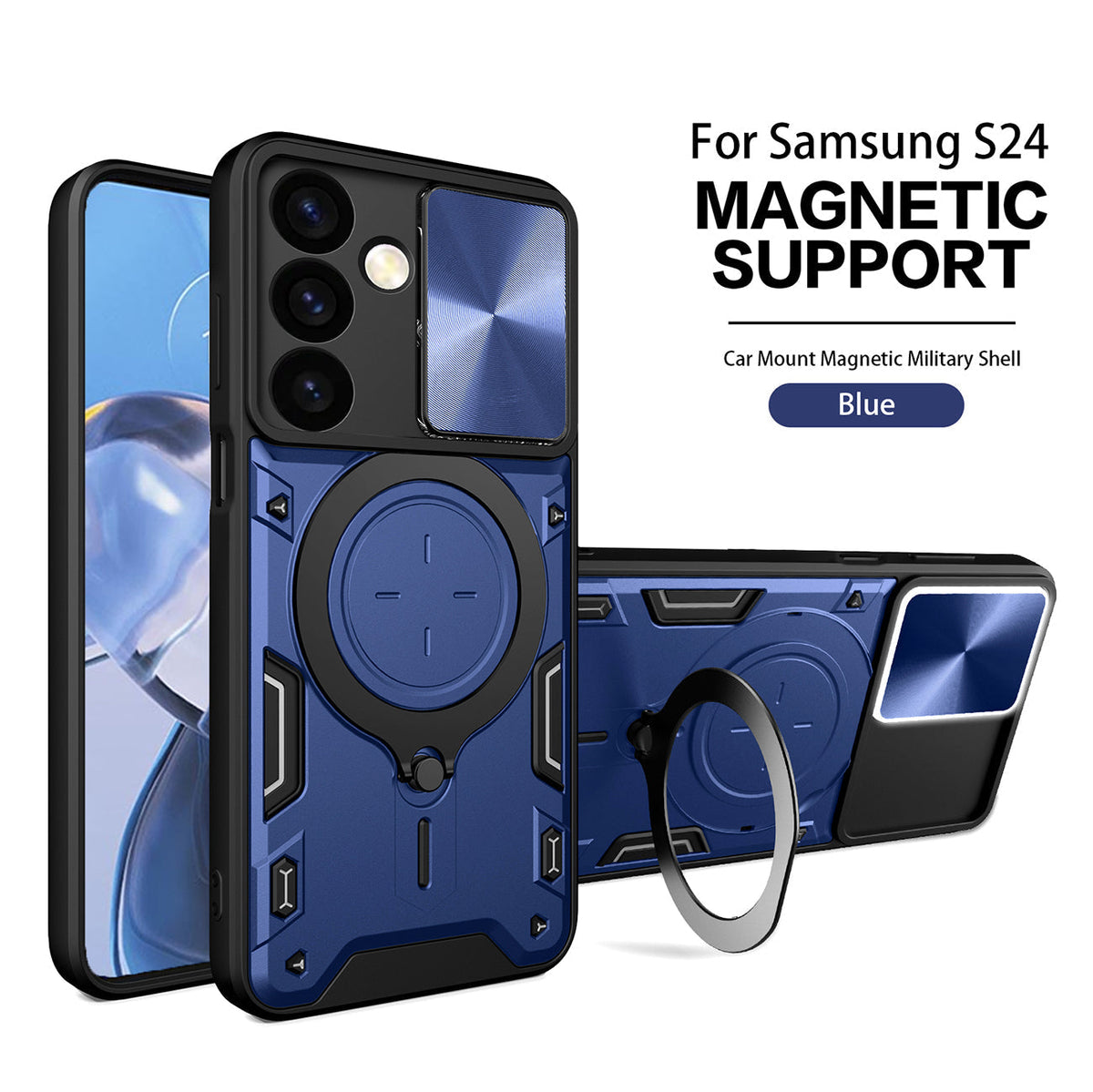 TPU PC Shockproof Magnetic Phone Case with Free Adjustment Ring Holder For Samsung Galaxy S24 in Blue - Crystal Clear & Reliable