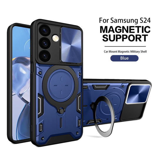 TPU PC Shockproof Magnetic Phone Case with Free Adjustment Ring Holder For Samsung Galaxy S24 in Blue - Crystal Clear & Reliable