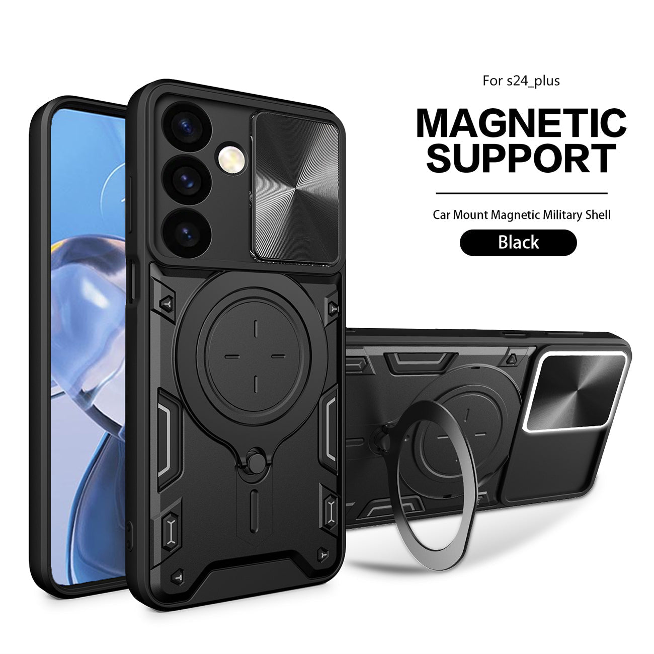 TPU PC Shockproof Magnetic Phone Case with Free Adjustment Ring Holder For Samsung Galaxy S24 Plus in Black - Ultra-Slim & Reliable