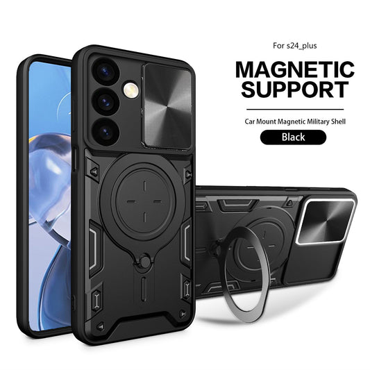 TPU PC Shockproof Magnetic Phone Case with Free Adjustment Ring Holder For Samsung Galaxy S24 Plus in Black - Ultra-Slim & Reliable