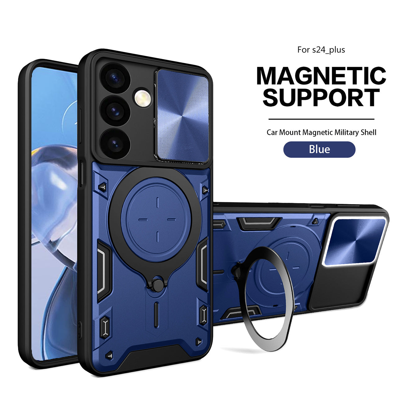 TPU PC Shockproof Magnetic Phone Case with Free Adjustment Ring Holder For Samsung Galaxy S24 Plus in Blue - Durable & Reliable