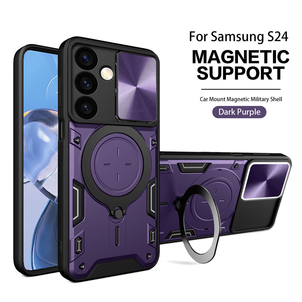 TPU PC Shockproof Magnetic Phone Case with Free Adjustment Ring Holder For Samsung Galaxy S24 in Purple - Premium & Reliable