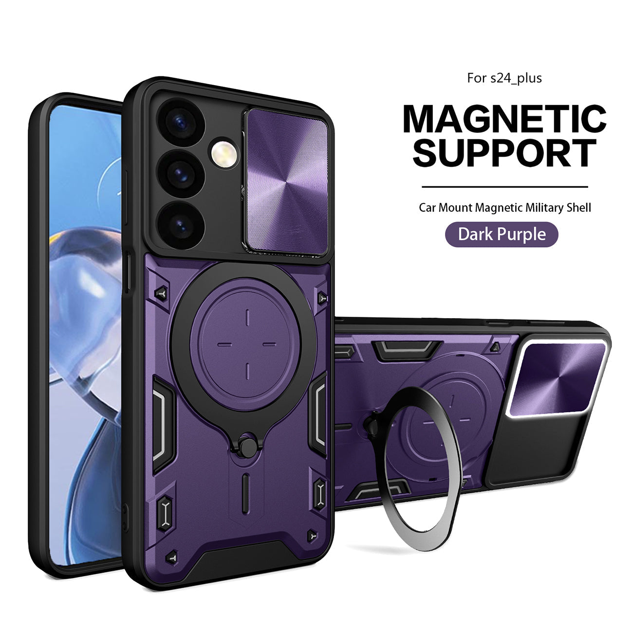 TPU PC Shockproof Magnetic Phone Case with Free Adjustment Ring Holder For Samsung Galaxy S24 Plus in Purple - Shockproof & Reliable