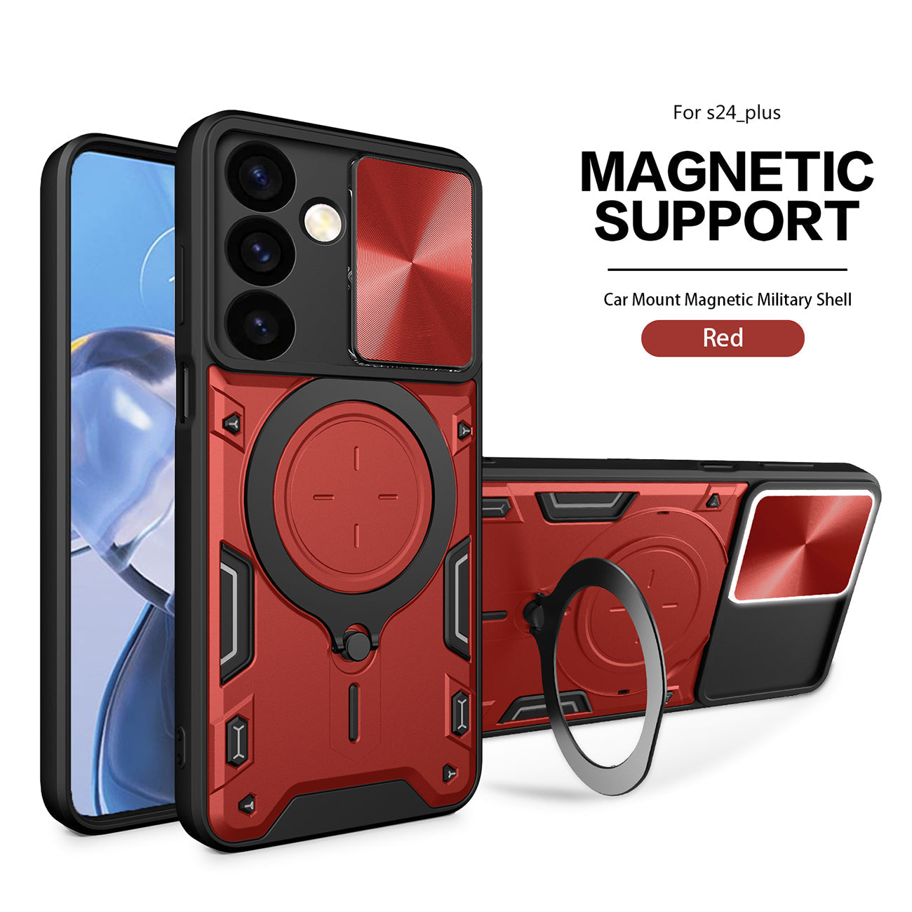 TPU PC Shockproof Magnetic Phone Case with Free Adjustment Ring Holder For Samsung Galaxy S24 Plus in Red - Premium & Reliable