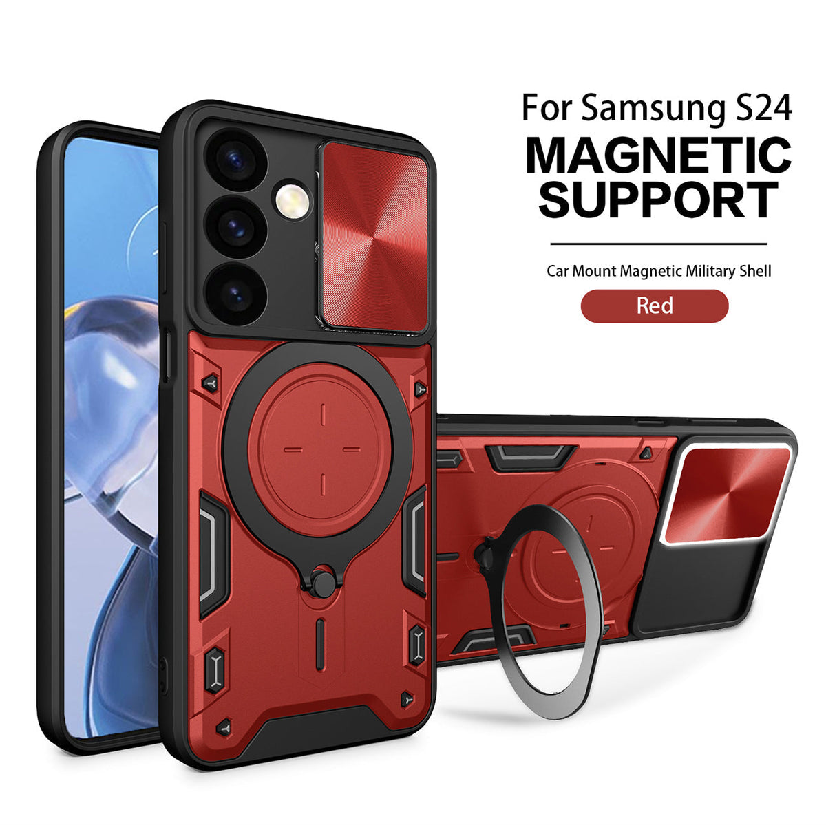 TPU PC Shockproof Magnetic Phone Case with Free Adjustment Ring Holder For Samsung Galaxy S24 in Red - Crystal Clear & Reliable