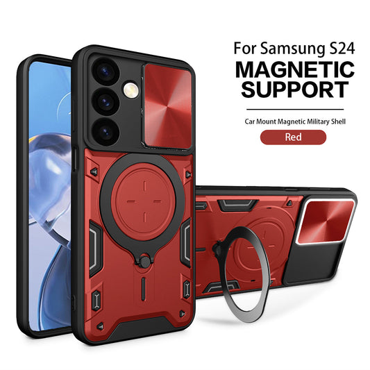 TPU PC Shockproof Magnetic Phone Case with Free Adjustment Ring Holder For Samsung Galaxy S24 in Red - Crystal Clear & Reliable