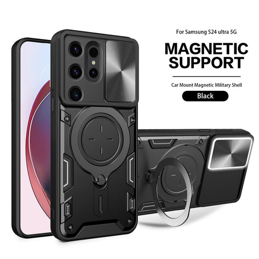 TPU PC Shockproof Magnetic Phone Case with Free Adjustment Ring Holder For Samsung Galaxy S24 Ultra in Black - Heavy Duty & Reliable