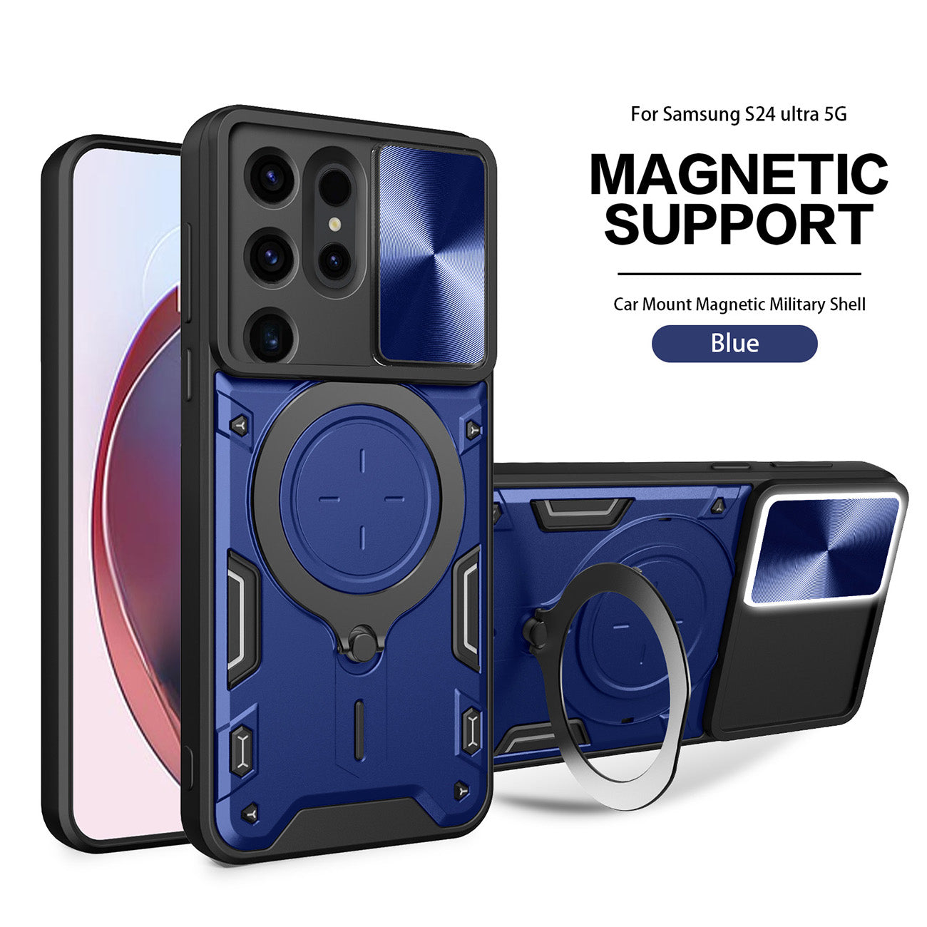 TPU PC Shockproof Magnetic Phone Case with Free Adjustment Ring Holder For Samsung Galaxy S24 Ultra in Blue - Ultra-Slim & Reliable